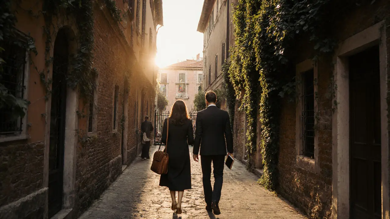 A couple walking peacefully through the historic Brera district at sunset.