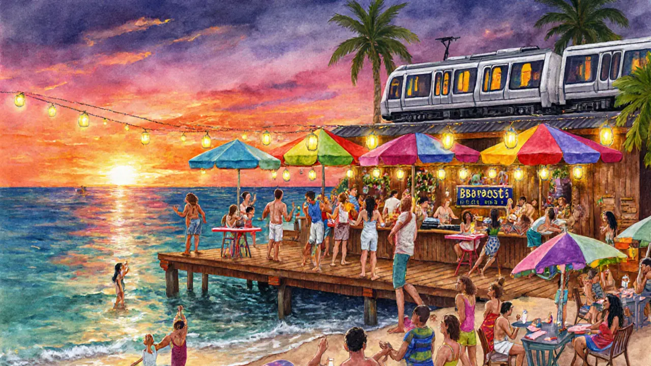 A lively beach bar at sunset with guests in swimwear and a DJ.