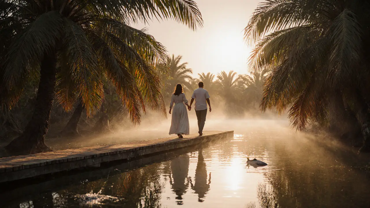 A man and woman walk peacefully along mangrove boardwalks at sunrise, hands gently touching.