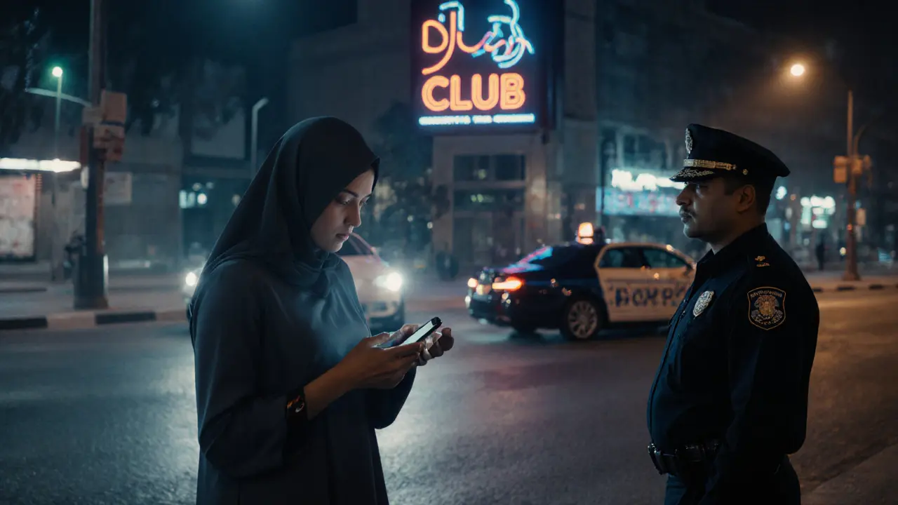 A person checking a phone near a club entrance while a police officer and ride-hailing car stand by.