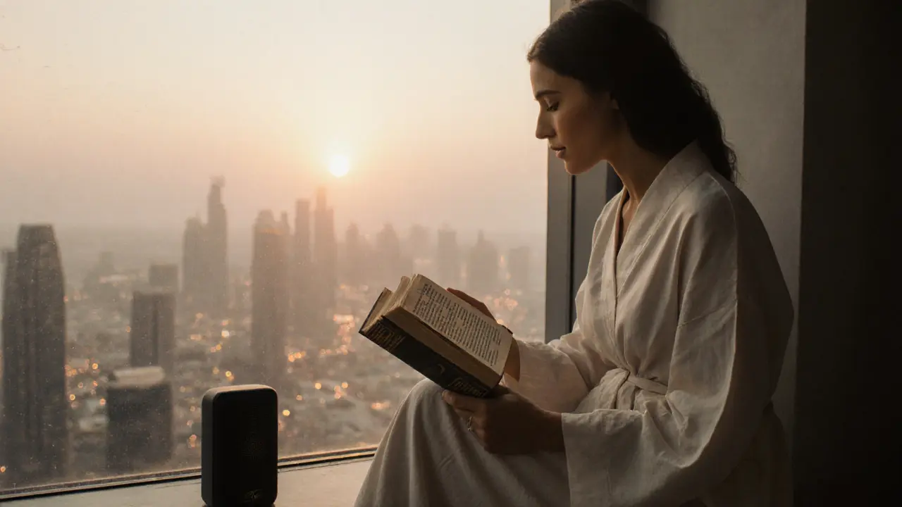 A woman on a Dubai balcony reading poetry, relaxed and at peace with a speaker nearby.
