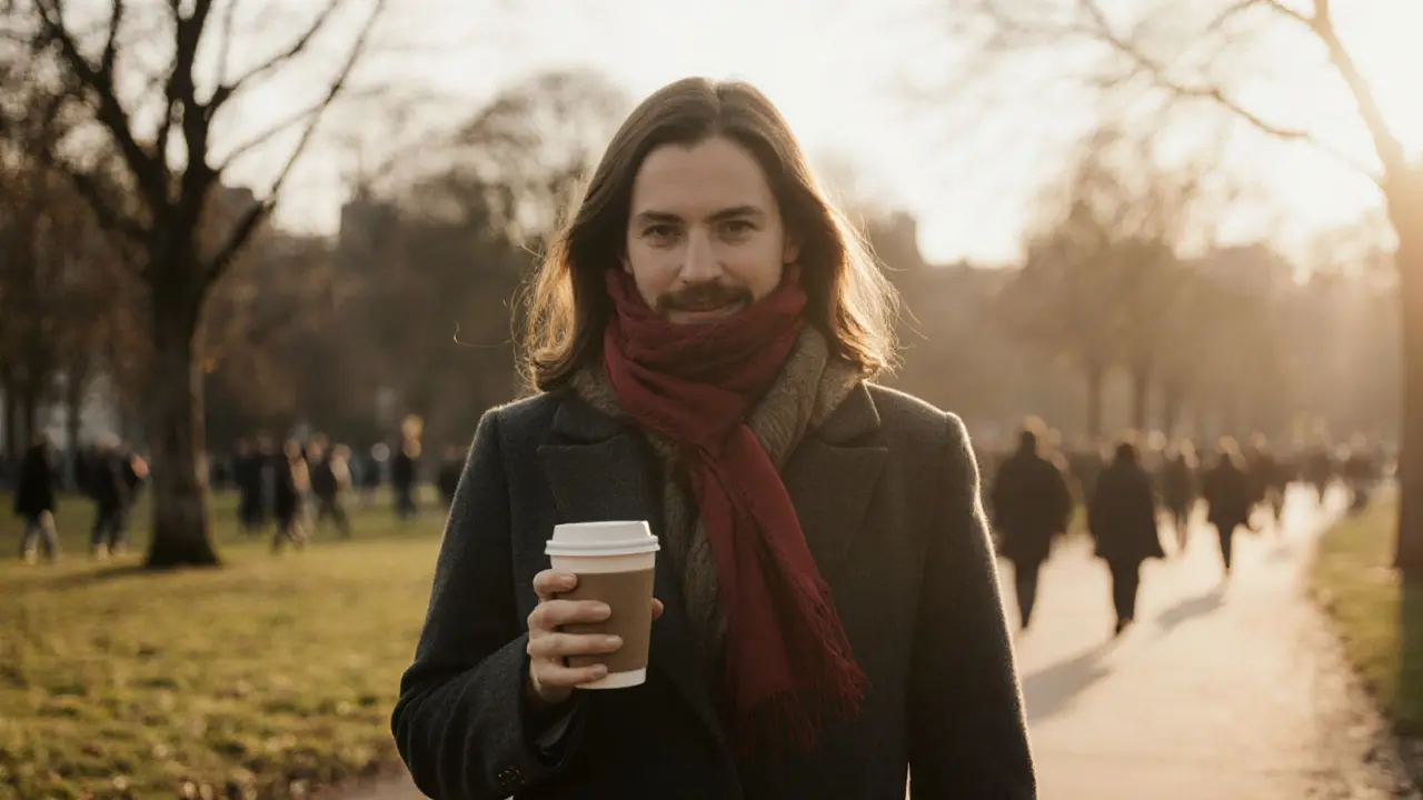 A woman walking alone through Hyde Park at dusk, anonymous and composed.