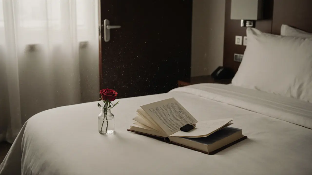 An empty hotel room with a thoughtful gift left on the bed—book, note, and rose.