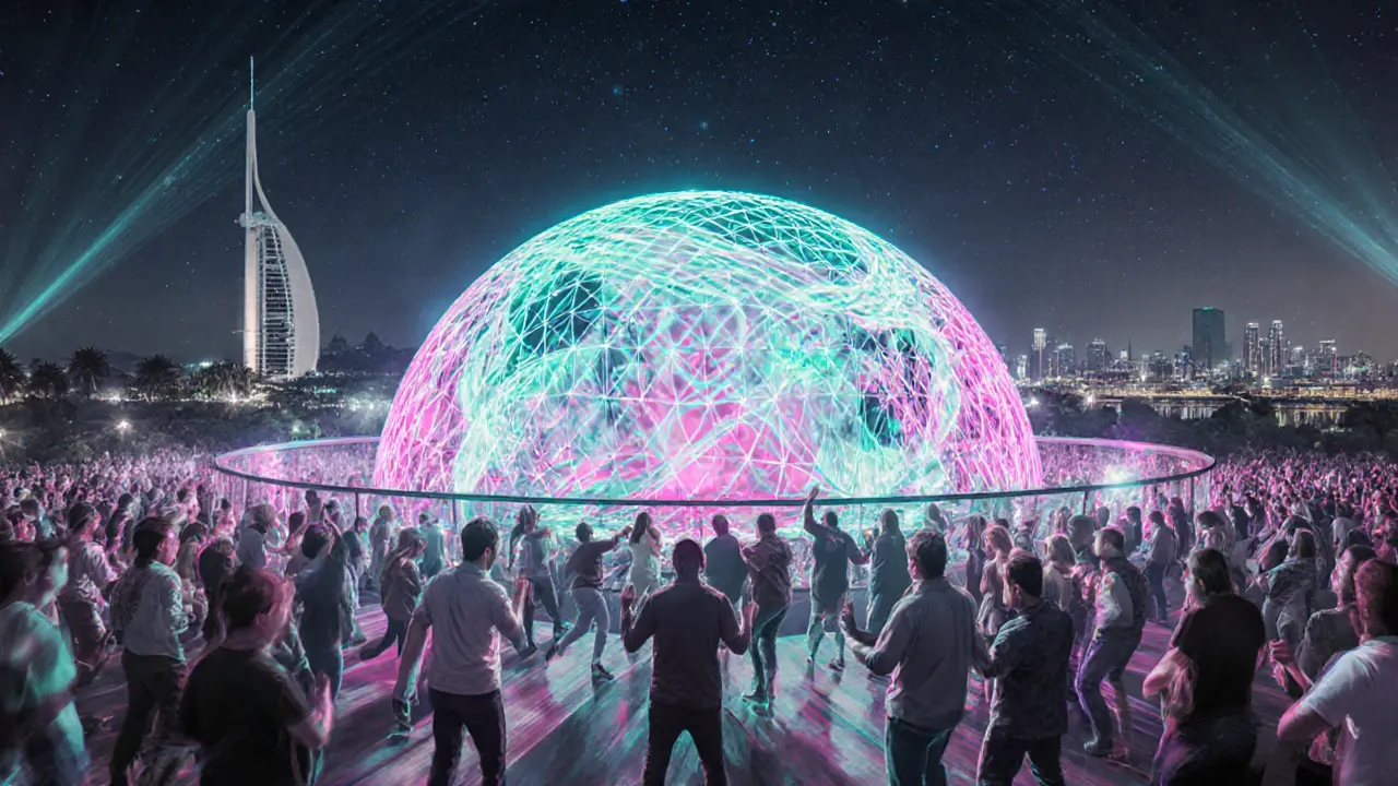Balcony view of White Dubai club with LED dome, lasers, and Palm Jumeirah silhouette.