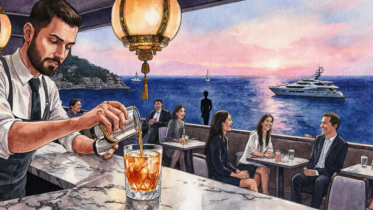 Buddha‑Bar terrace at twilight, lanterns, bartender serving a cocktail, harbor view.