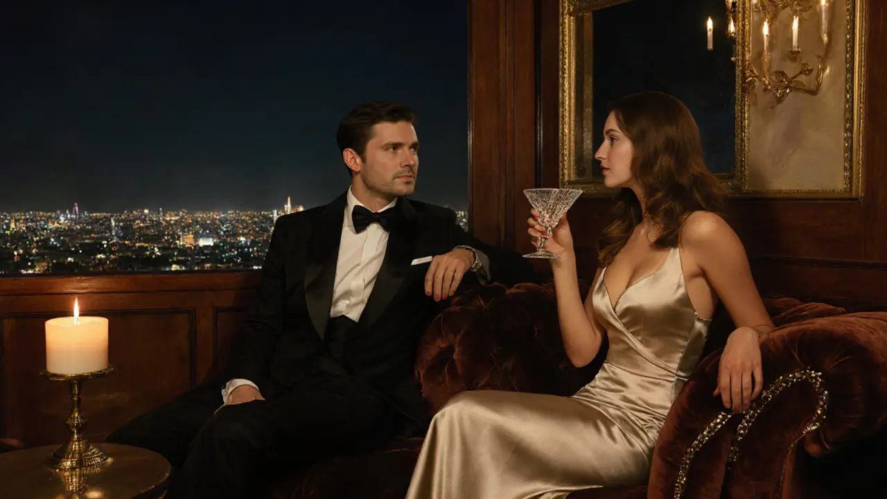 Companion and client enjoying cocktails in a VIP rooftop lounge with city lights.
