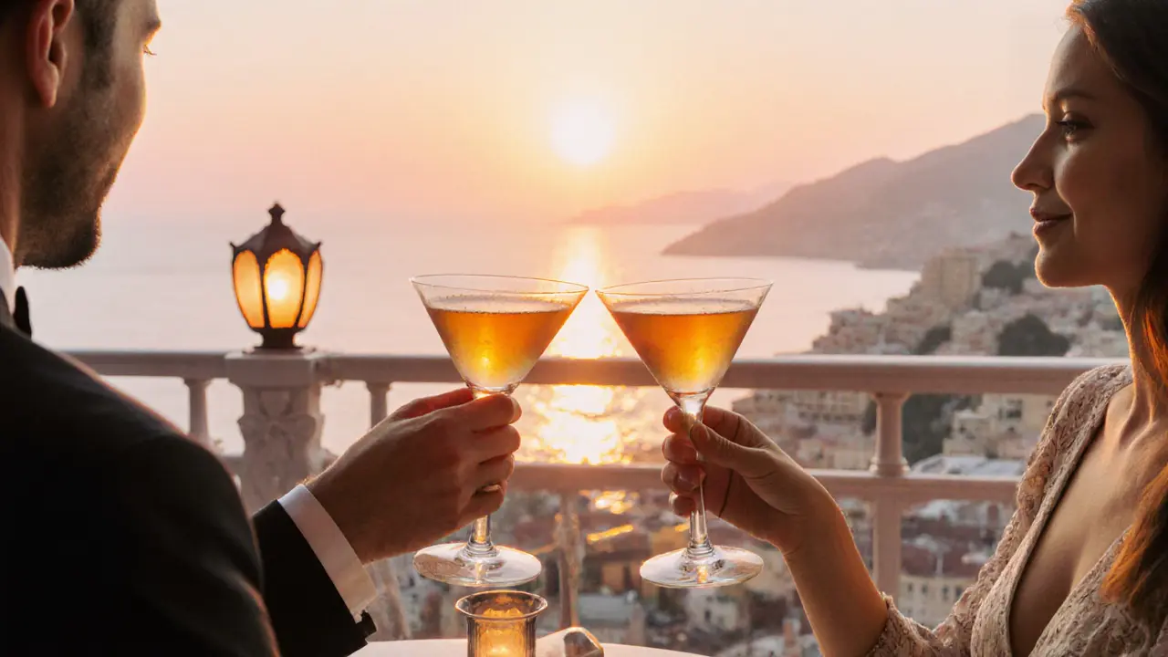 Couple on a rooftop terrace sipping cocktails as the sunset paints the sea orange.