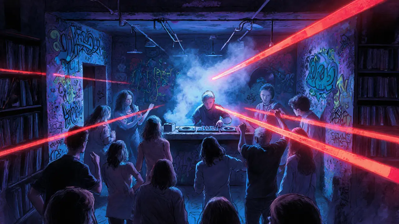 Crowd dancing in a graffiti-covered underground club with pulsing neon lights.