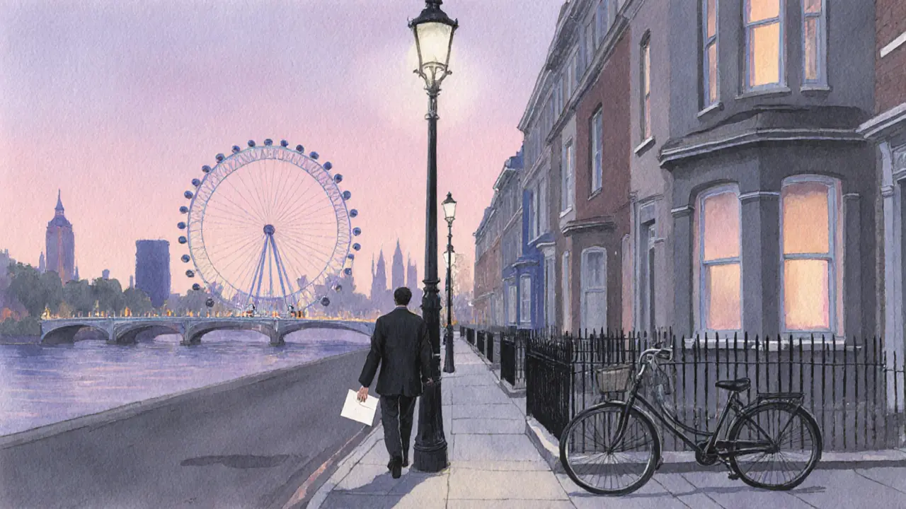 Dawn London street with a person walking away, holding a small envelope, indicating a polite goodbye.