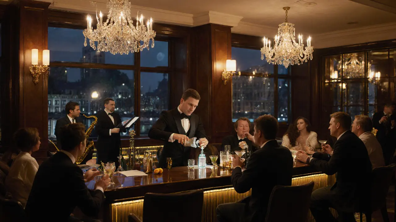 Elegant Connaught Bar interior with bartenders crafting cocktails under chandeliers.