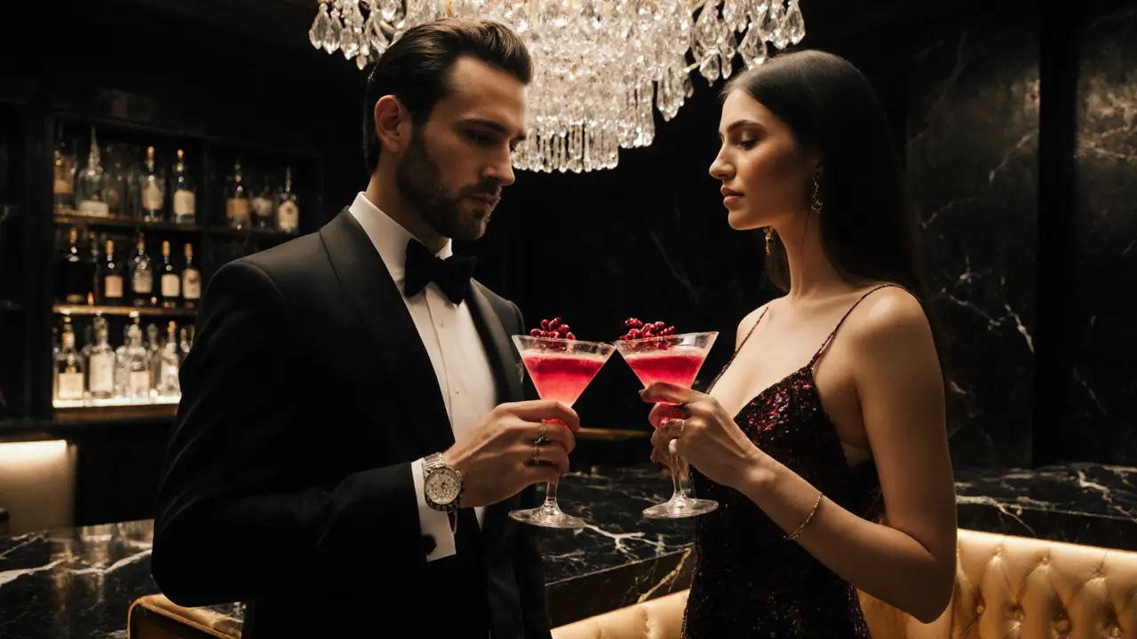 Elegant couples in black‑tie attire enjoying Red Velvet Martinis inside an opulent club.