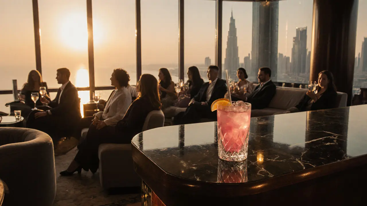 Elegant guests sipping cocktails on the Sky Bar of Etihad Towers at sunset.