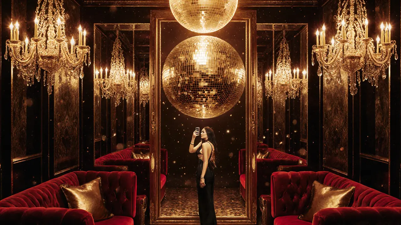 Elegant patron near a mirrored wall in Cavalli Club, illuminated by golden lights.