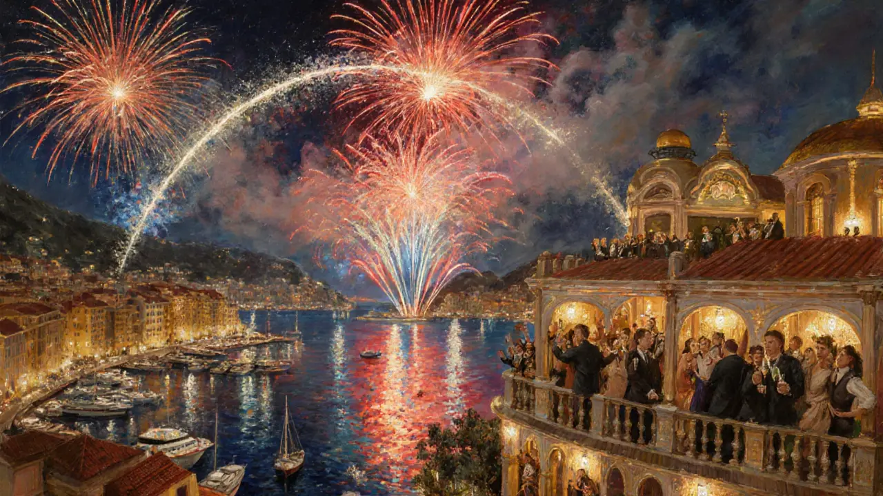 Fireworks lighting the Monaco harbor at New Year’s Eve with celebration crowds.
