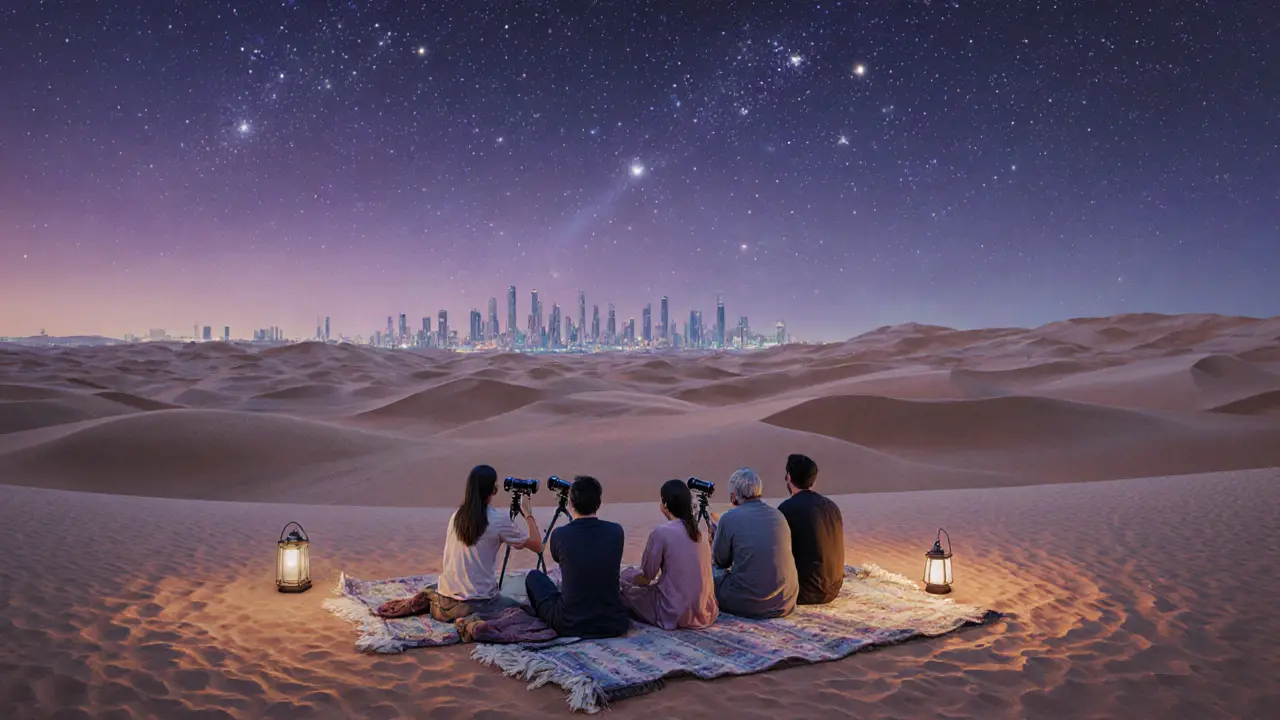 Group stargazing in the desert under a bright night sky near Abu Dhabi.