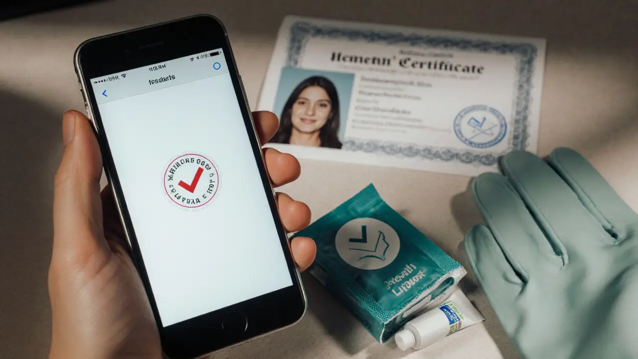 Hand holding phone with verification badge beside an ID and a small safe‑sex kit.