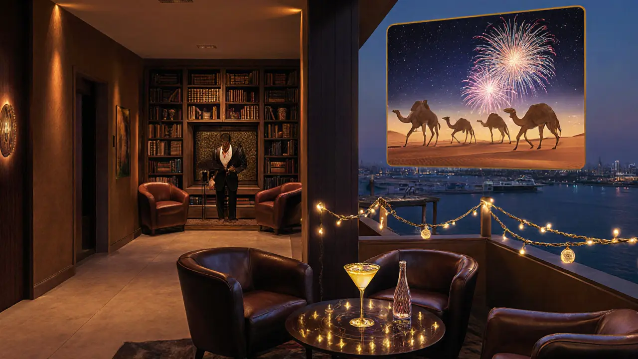Hidden speakeasy behind a bookshelf with live oud music and a rooftop cabana overlooking the Gulf.