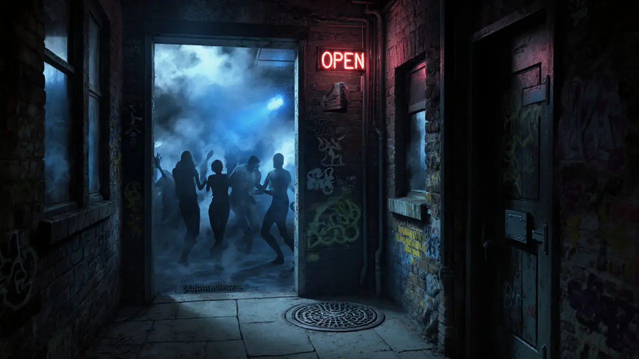 Hidden underground club entrance in a foggy Shoreditch alley with flickering neon light.