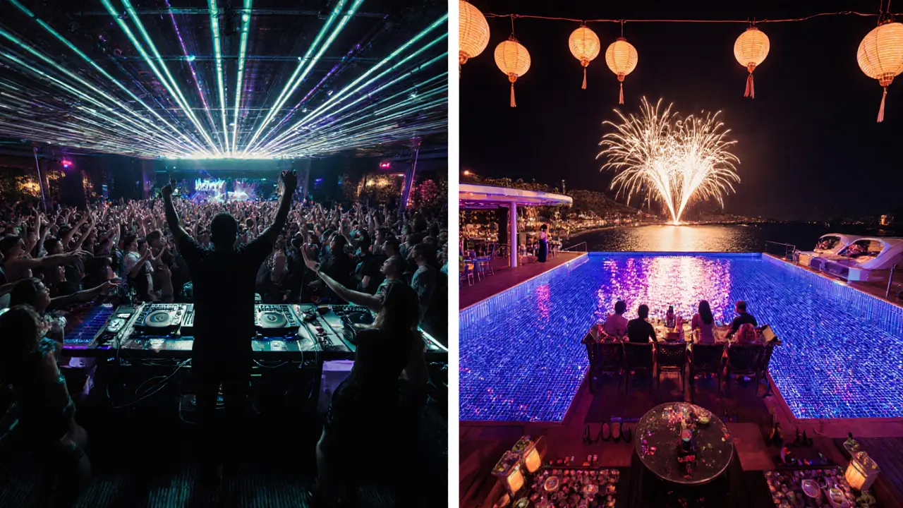 High‑energy club scene with DJ, dancing crowd, pool terrace, and neon lights at Monaco night venues.