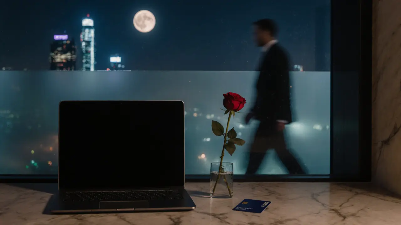 Hotel room windowsill with laptop, keycard, and rose, symbolizing discreet companionship in Abu Dhabi.