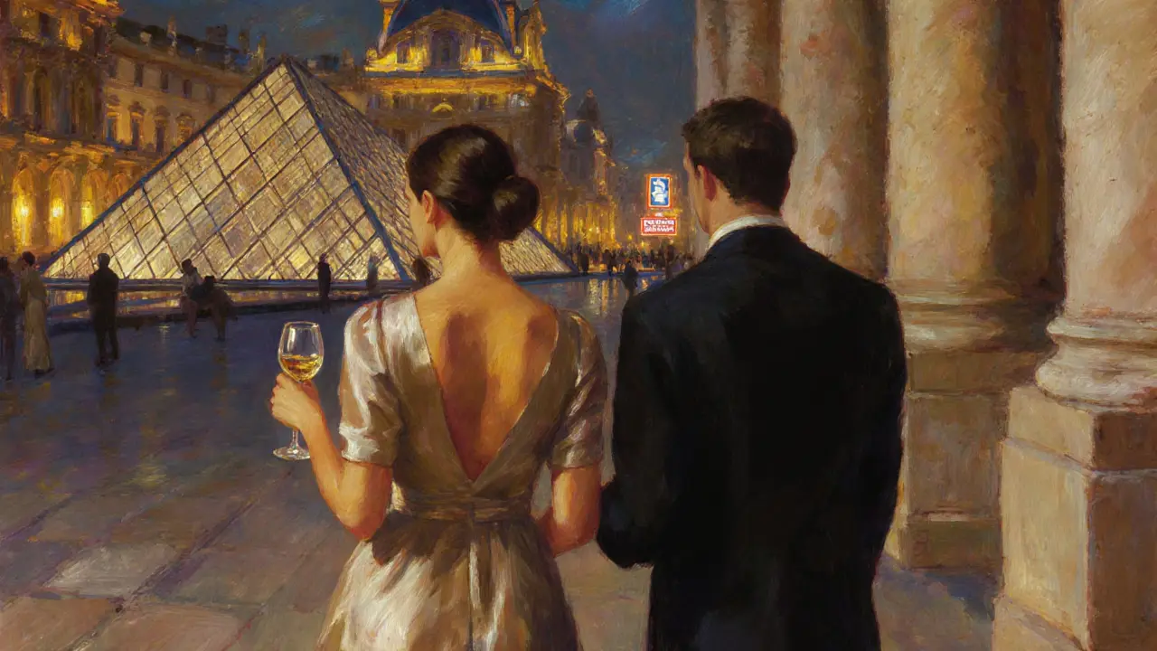 Impressionist painting of a companion guiding a client through a lit Louvre courtyard with wine glasses.