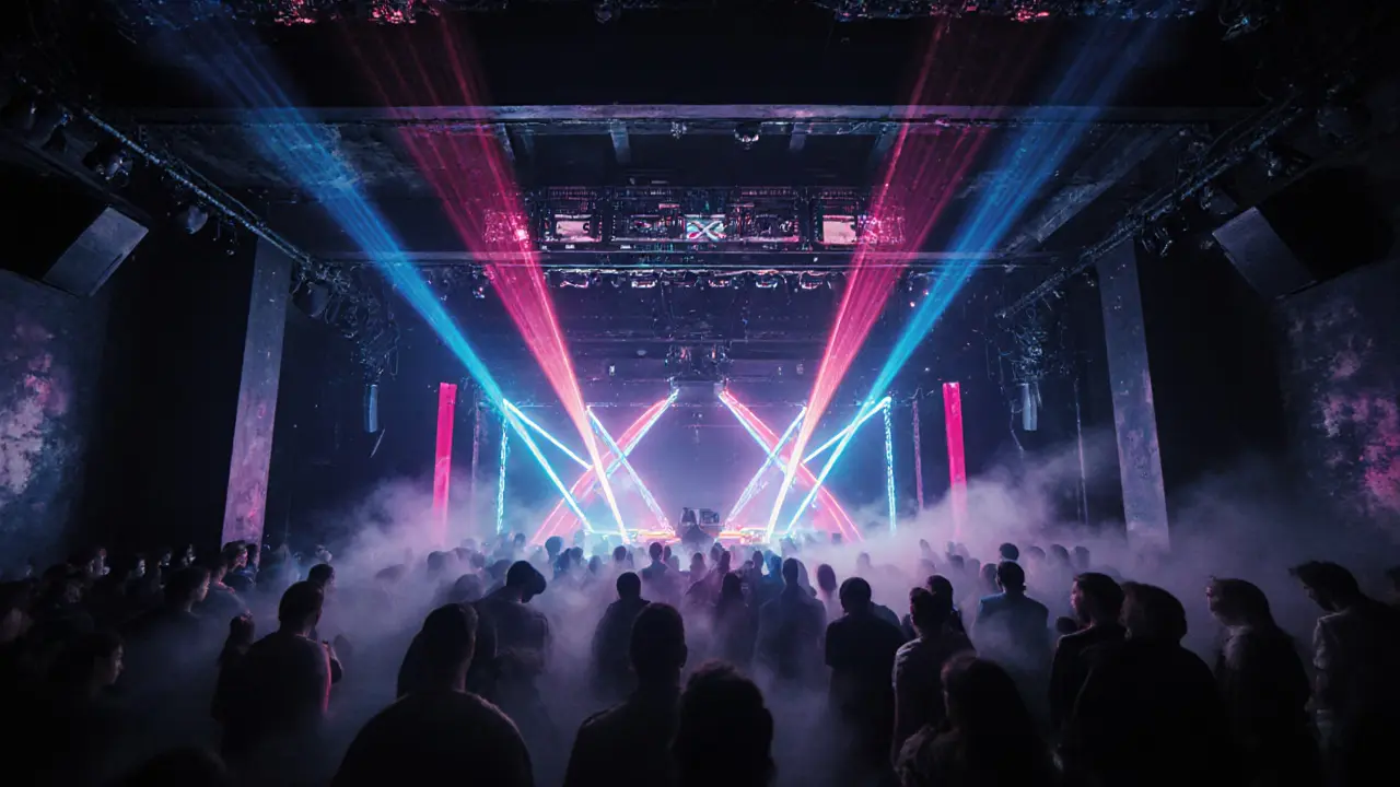 Inside Rex Club showing neon laser lights, DJ booth, and a crowd of dancing silhouettes.