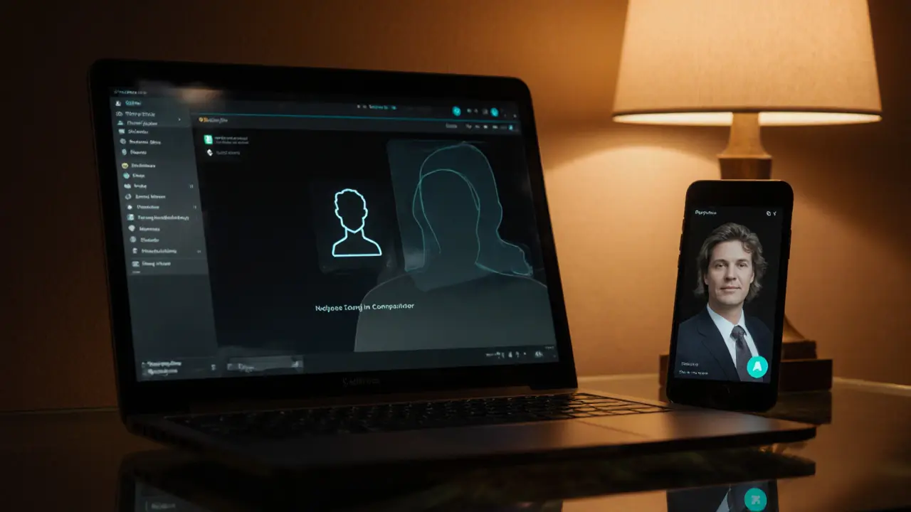 Laptop and phone showing a blurred secure chat and video call with a companion silhouette.