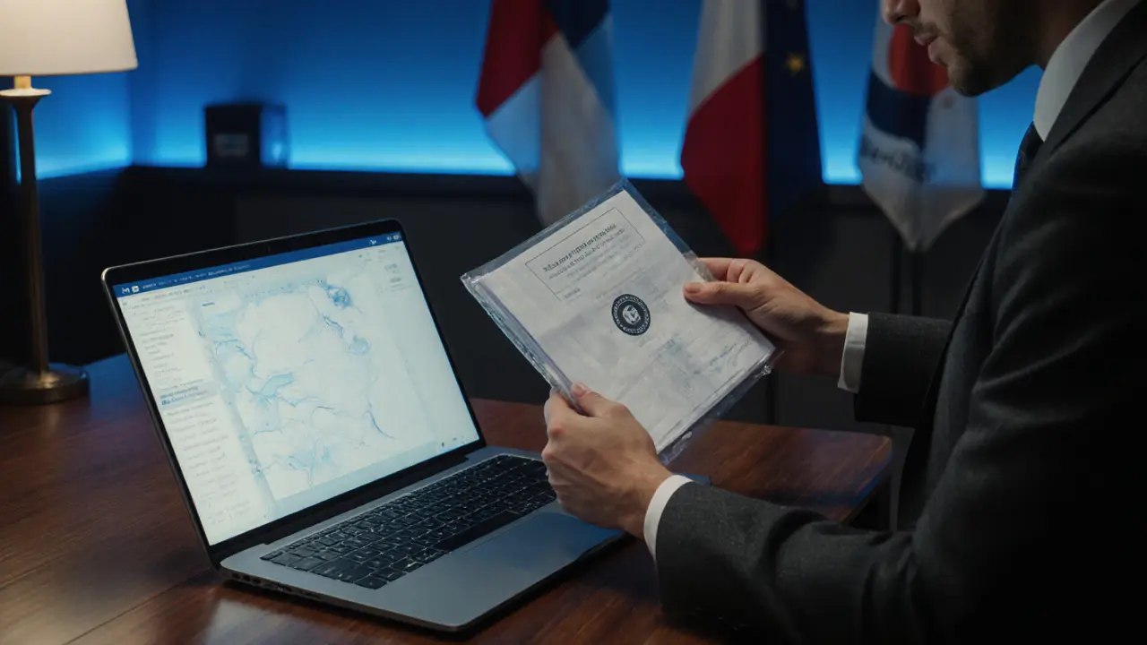 Luxurious Paris agency office with a suited liaison reviewing a sealed dossier beside an encrypted laptop.