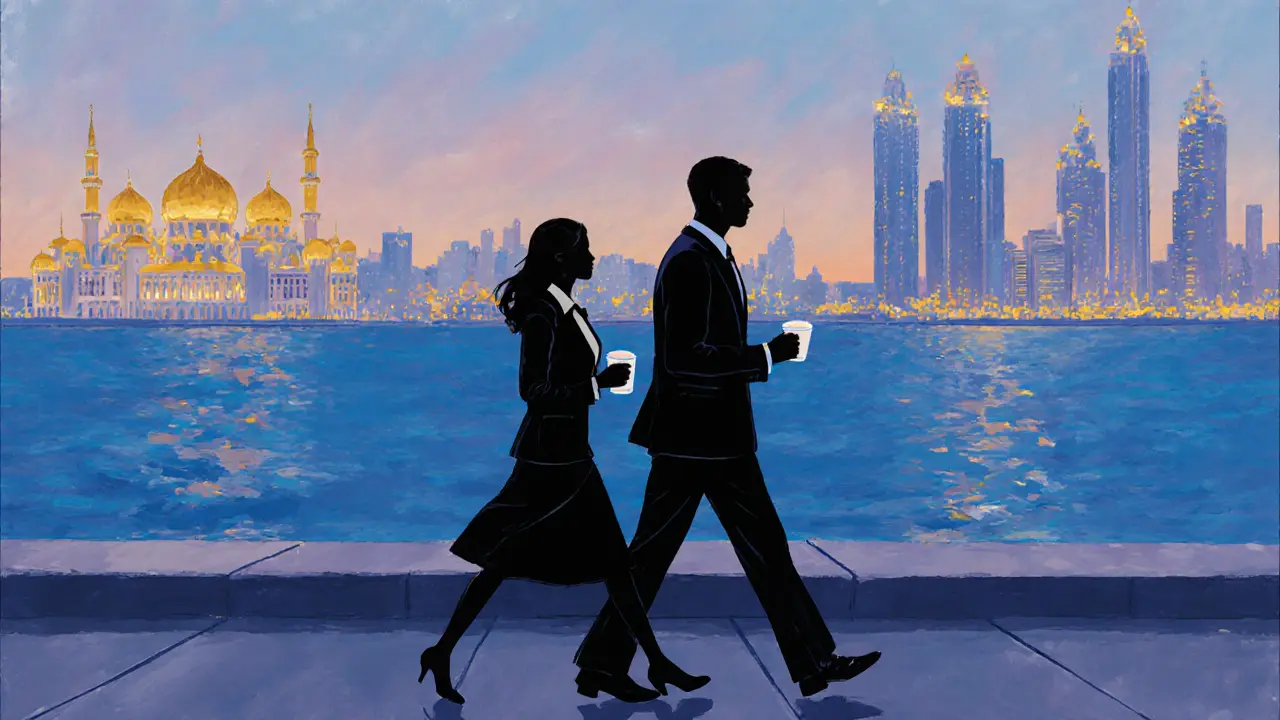 Man and woman walking peacefully along the Corniche at dusk, silhouetted against Abu Dhabi's skyline.