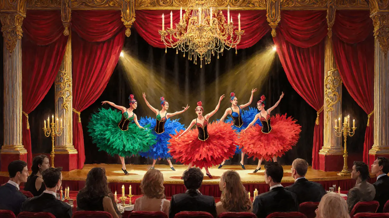 Moulin Rouge stage with red curtains, can‑can dancers in colorful costumes, and an elegant audience.