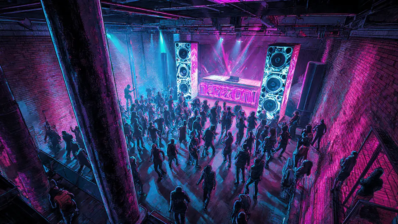 Neon‑lit interior of Magazzini Generali club with dancing crowd.
