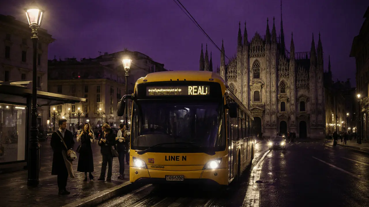 Night bus stopping near the Duomo with passengers waiting.