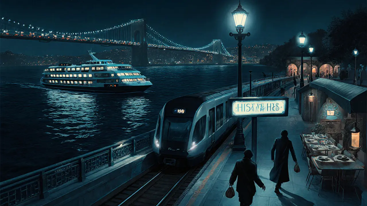 Night metro, ferry, and illuminated bridge showing Istanbul nightlife transport.