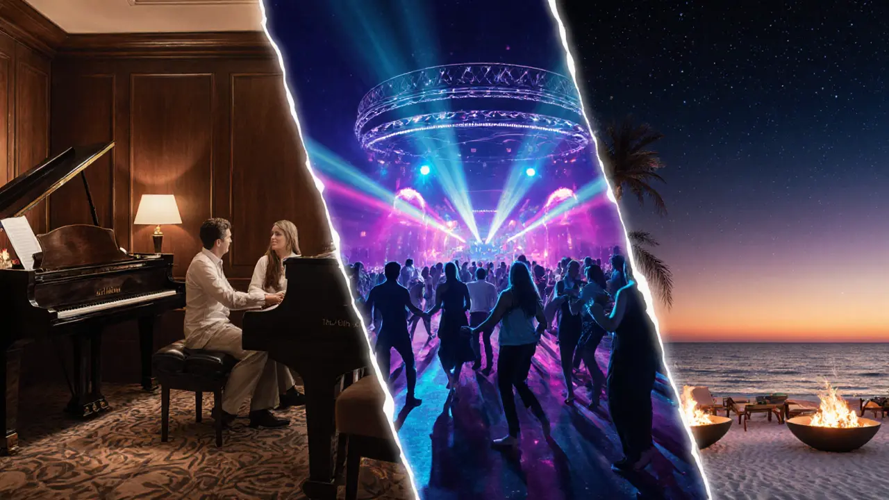 Nighttime scene moving from a piano lounge to a nightclub dance floor to a beach bonfire.