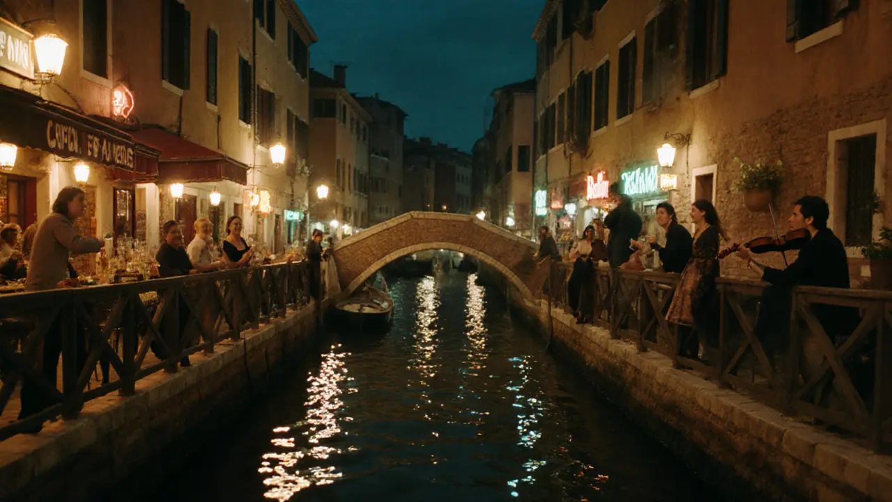Nighttime view of Milan's Navigli canals lit by lanterns and neon reflections on water.