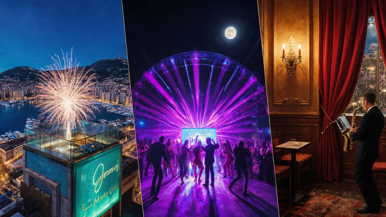 Panoramic night collage of Sass Café rooftop, Jimmy’z dance floor, and Le Rascasse jazz bar.