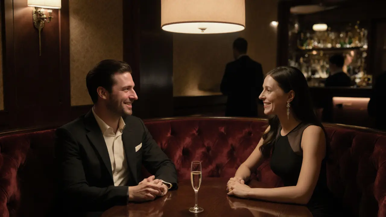Private hotel lounge with a man and woman conversing over champagne, emphasizing discretion.
