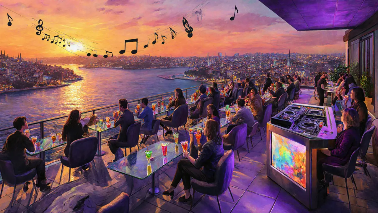 Rooftop bar at sunset showing patrons drinking cocktails with city lights below.
