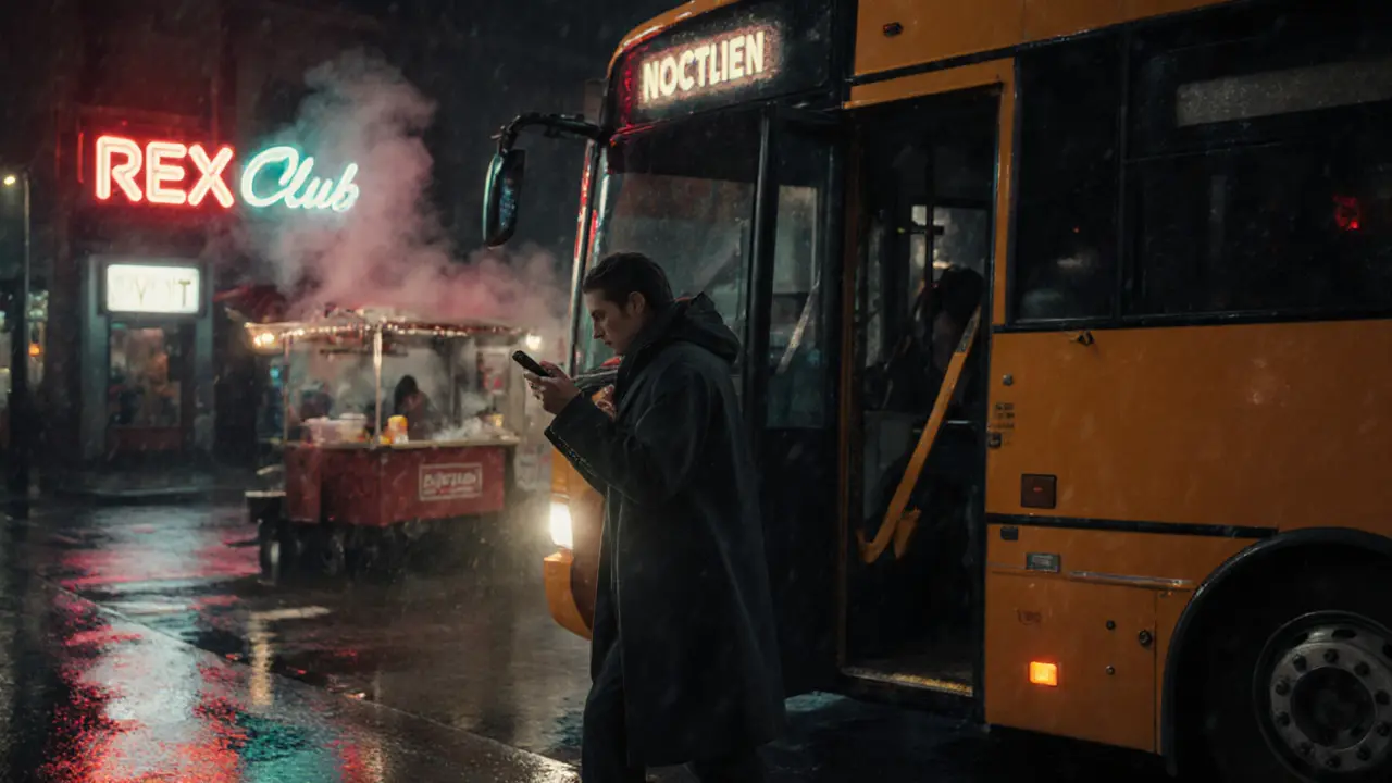 Solo traveler leaves Rex Club in rain, neon lights reflect on street as a night bus waits.