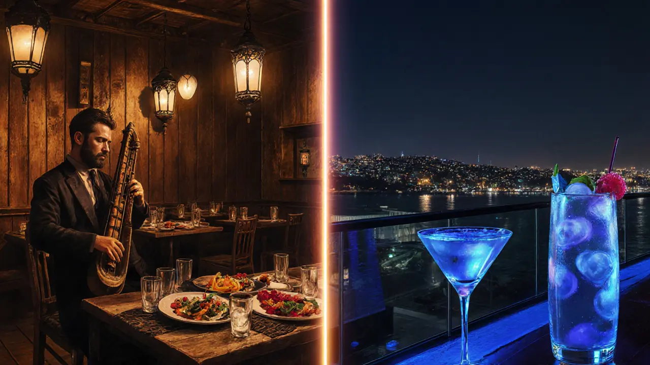 Split-scene blending a historic meyhane interior with a sleek rooftop bar, showing Istanbul's nightlife contrast.