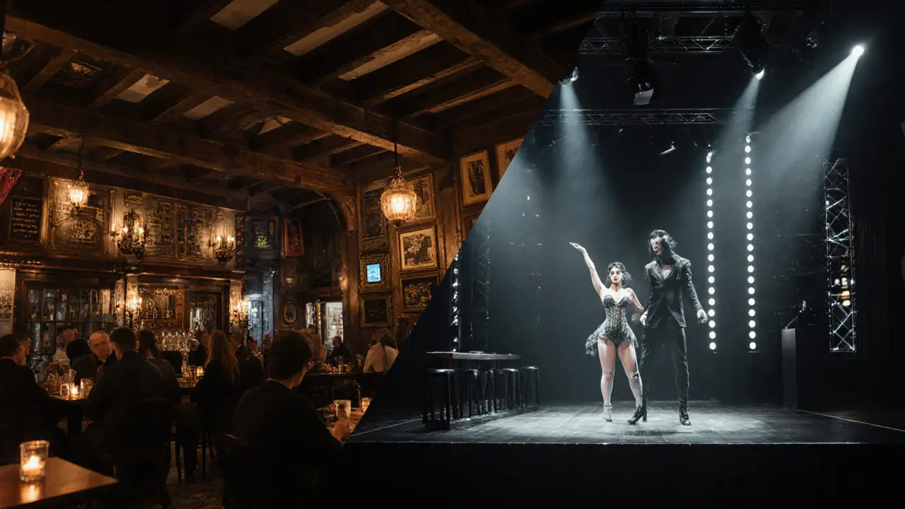Split view of an old pub beside a futuristic megaclub with dancers.