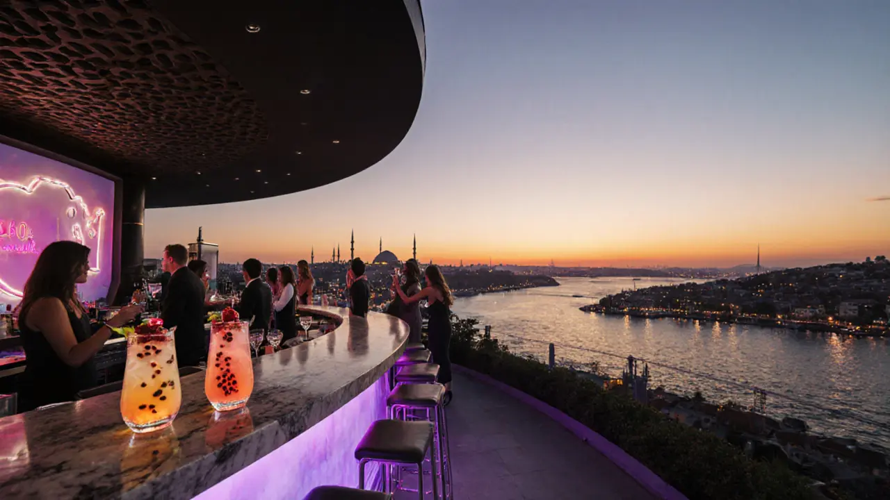 Sunset rooftop bar at 360 Istanbul overlooking the Bosphorus with cocktails and a DJ.