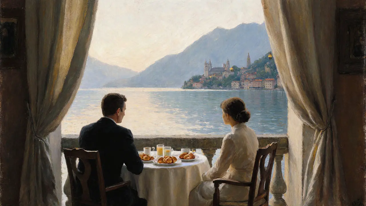 Two figures sitting in silent harmony on a lakeside villa terrace at dawn.