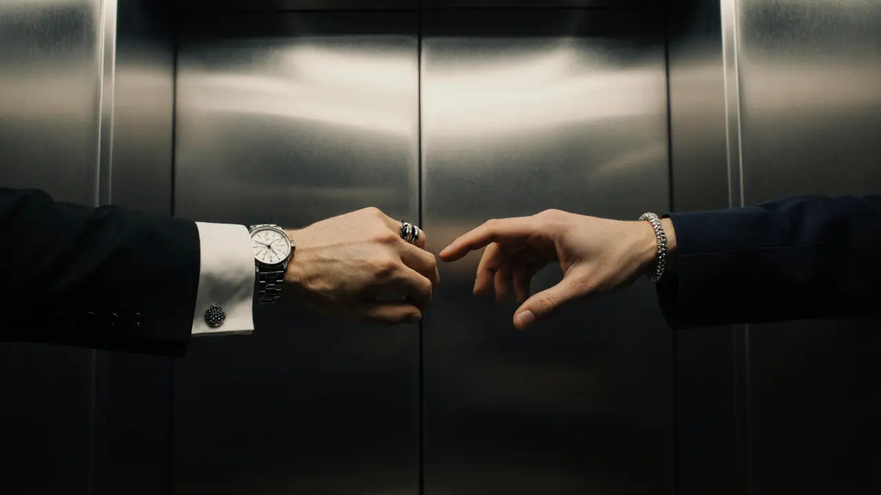 Two hands almost touching in a dim elevator, conveying silent mutual respect.