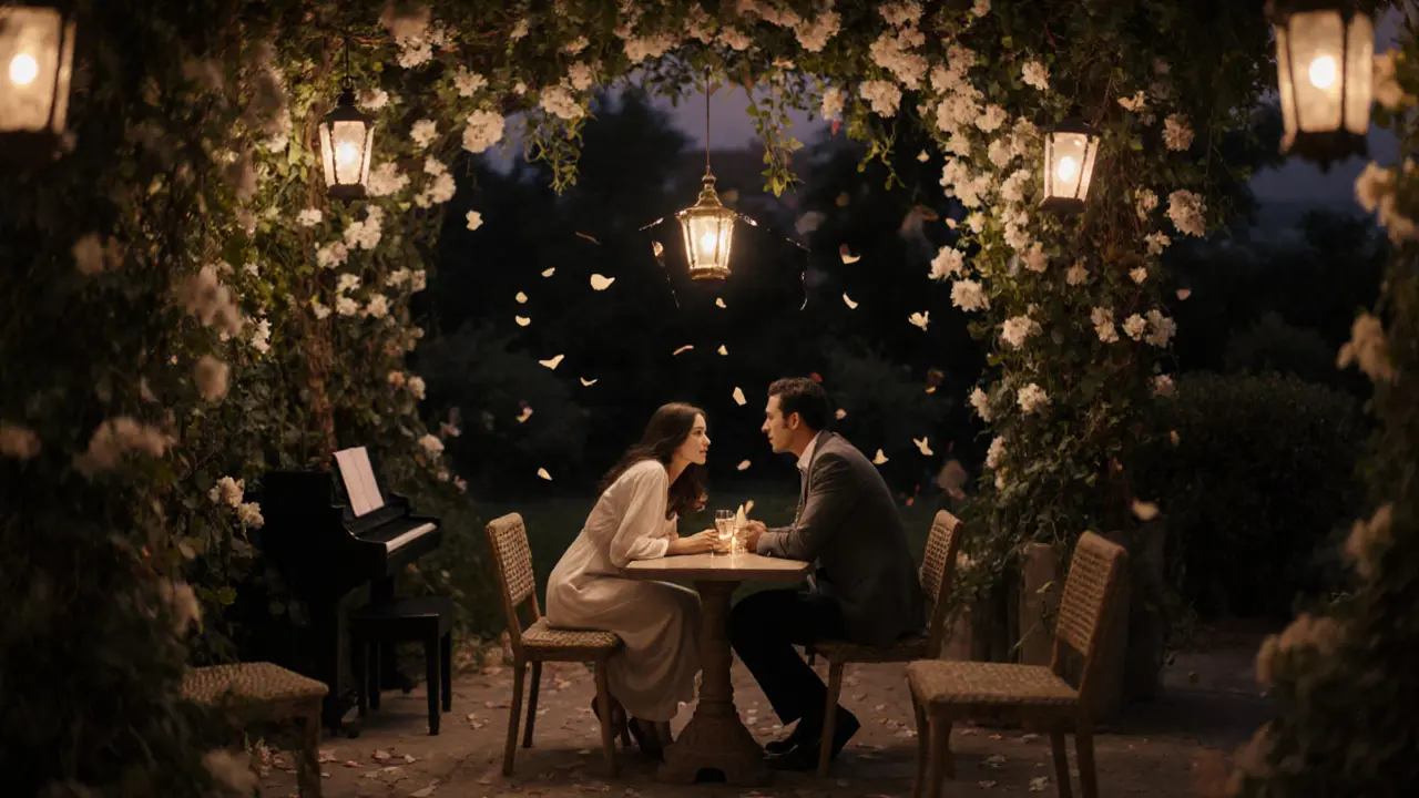 Two people sit in a secluded garden café at twilight, surrounded by jasmine and soft lantern light.