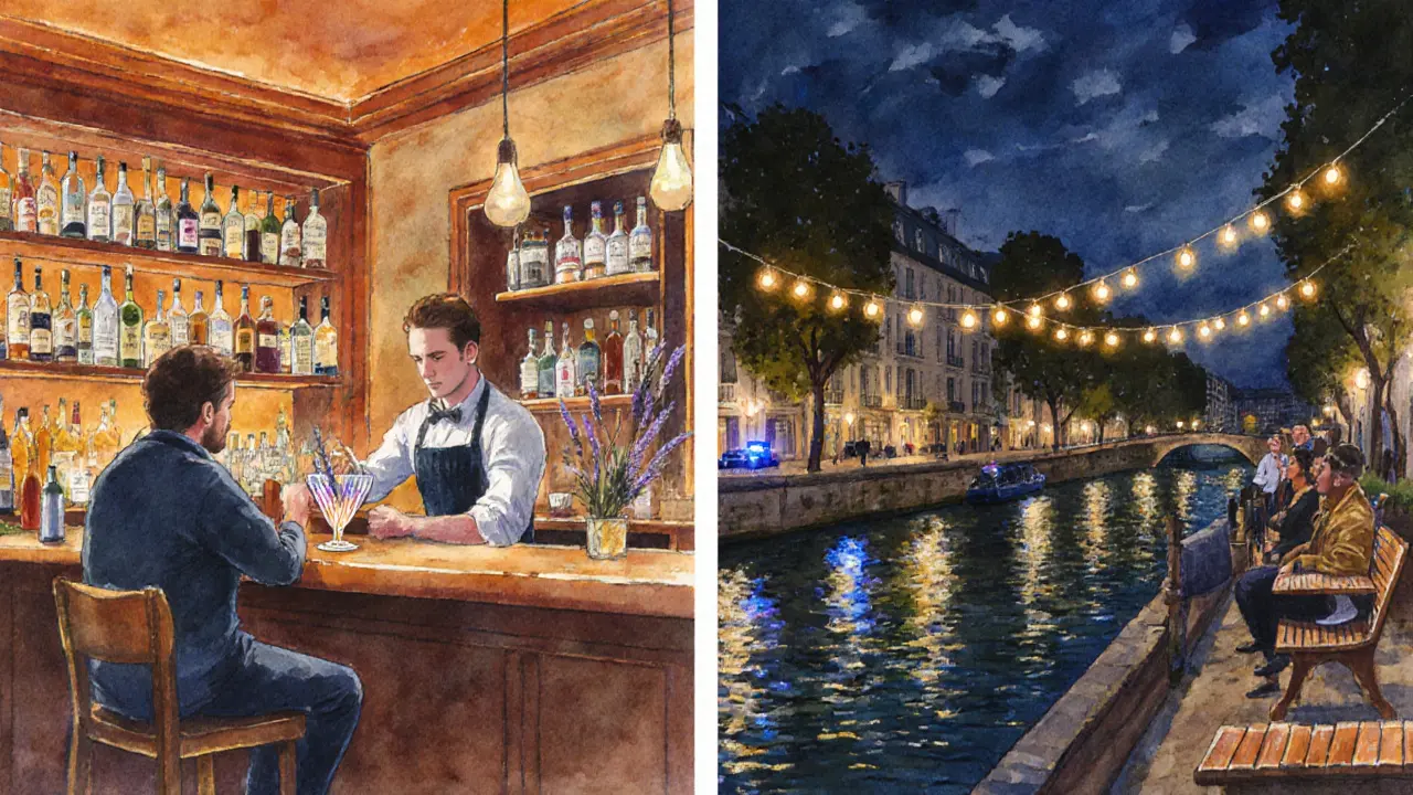 Watercolor split scene: cozy speakeasy bar interior and relaxed riverside bar on Canal Saint‑Martin.