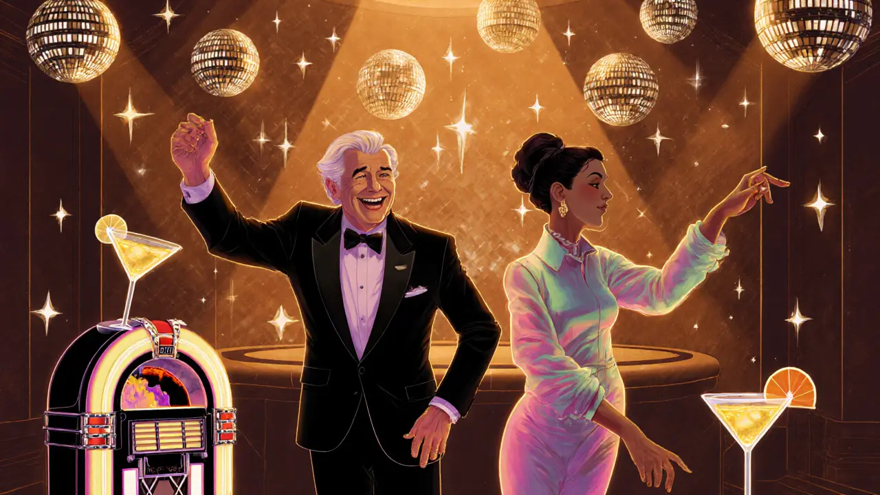 A billionaire in a tuxedo dancing with a neon-clad influencer at Le Roi Soleil, surrounded by glowing cocktails and disco lights.