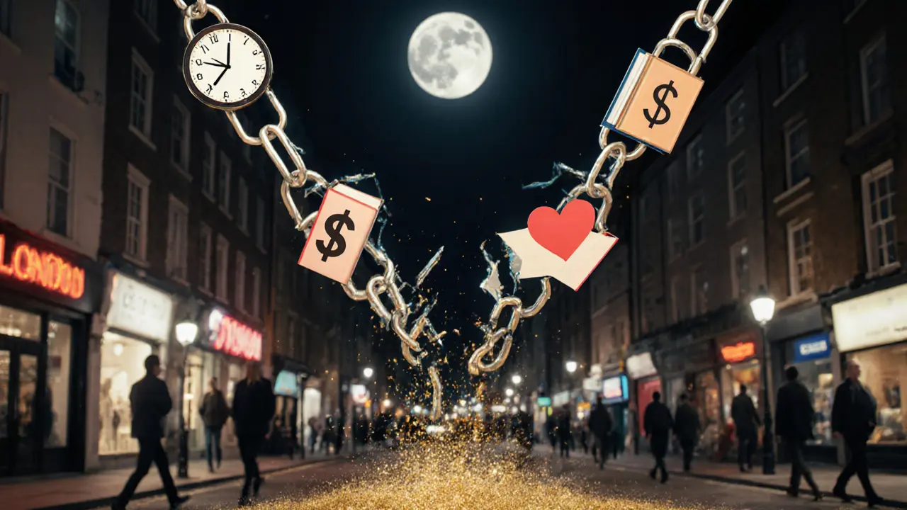A broken chain dissolving into golden dust above a quiet London street at night, symbolizing freedom from societal judgment.
