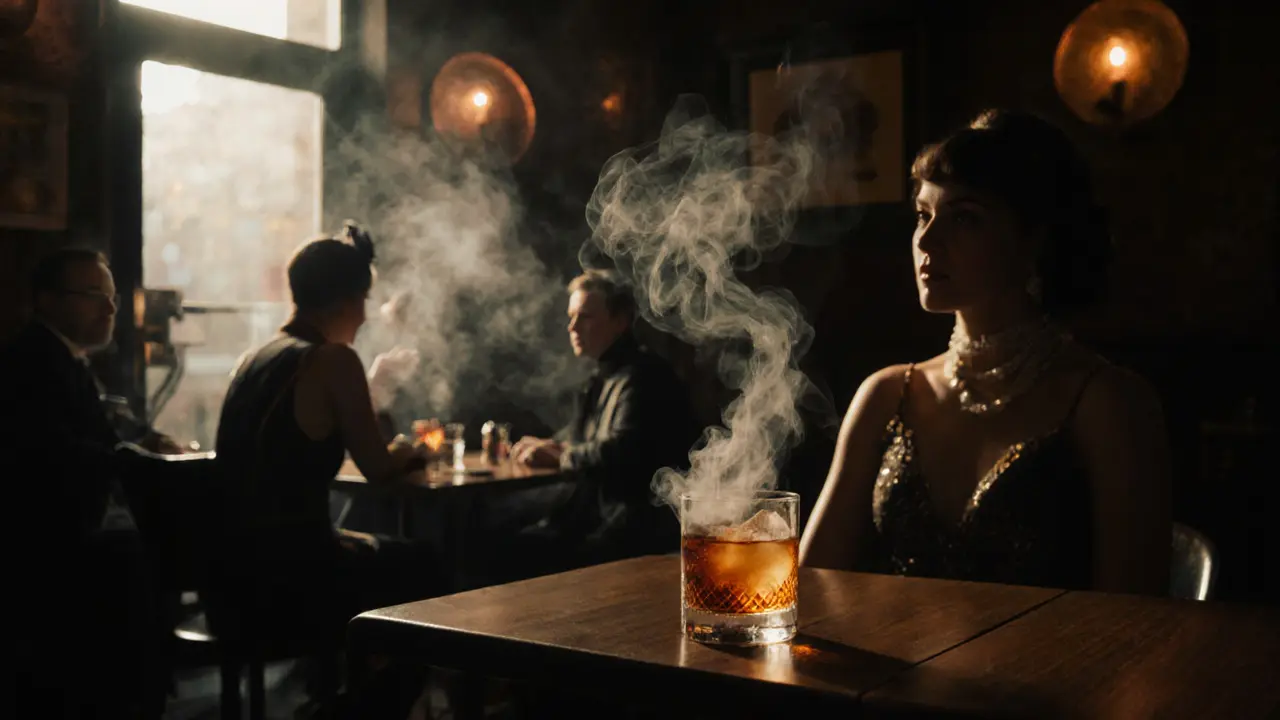 A cocktail being smoked at a table, patrons in vintage attire surrounded by moody, era-themed lighting.
