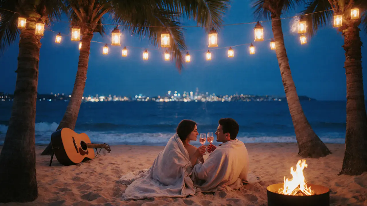 A couple relaxing on the beach at night with lanterns, fire pit, and gentle waves in the background.